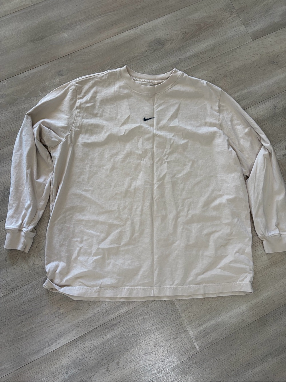 Nike Long-Sleeve Crewneck Shirt in Off-White with Black Swoosh